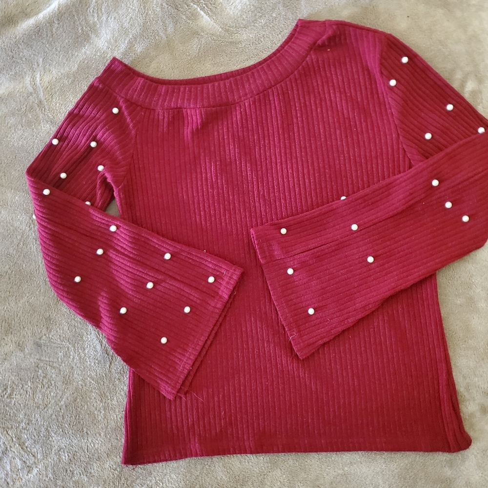 Red off-the-shoulder sweater with faux pearls size sm/med